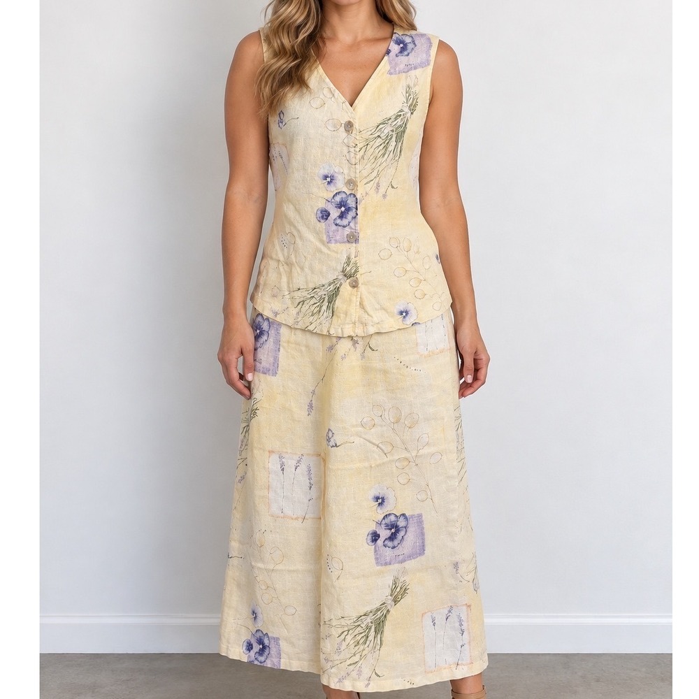 Sweet Jessie 100% Linen Set Womens L Pansy Floral Vest Maxi Skirt Cottagecore